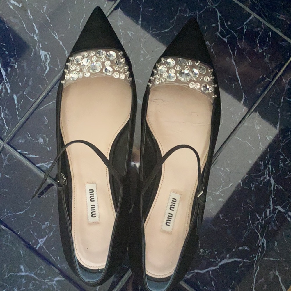 Miu Miu Black Satin Crystal Embellished Ankle Strap Pointed Toe Ballet Flats 40 - Picture 6 of 16